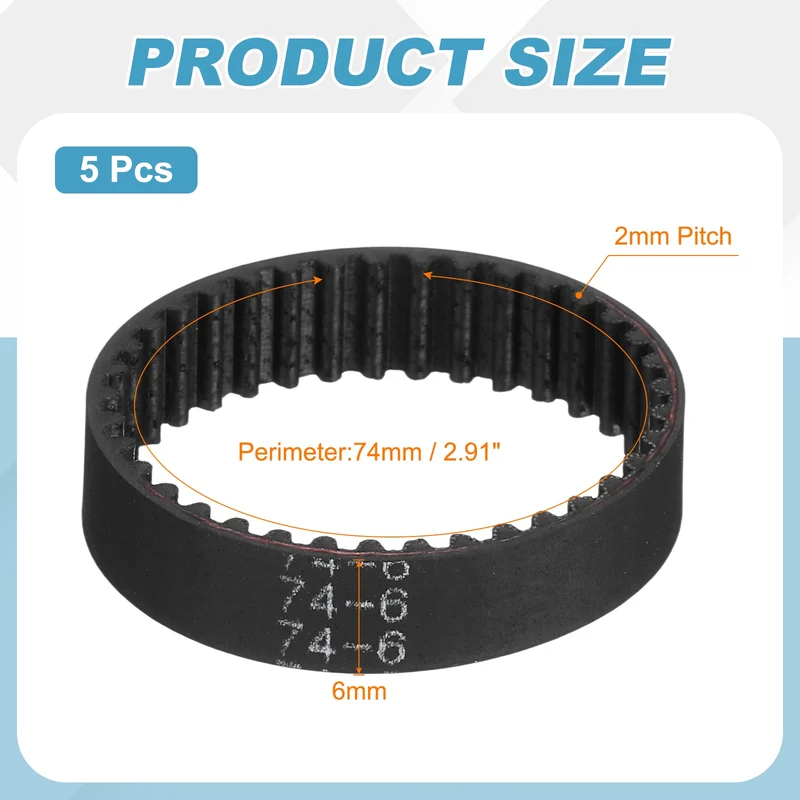 74mm GT-2 Timing Belt, 5pcs 6mm Width 2mm Pitch 3D Printing Closed Loop, Black