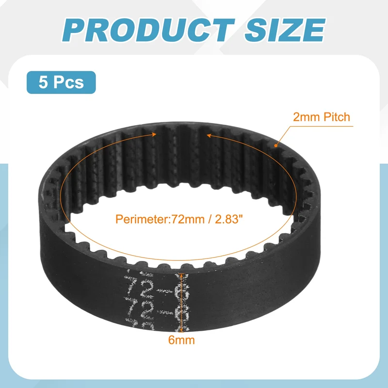 72mm GT-2 Timing Belt, 5pcs 6mm Width 2mm Pitch 3D Printing Closed Loop, Black