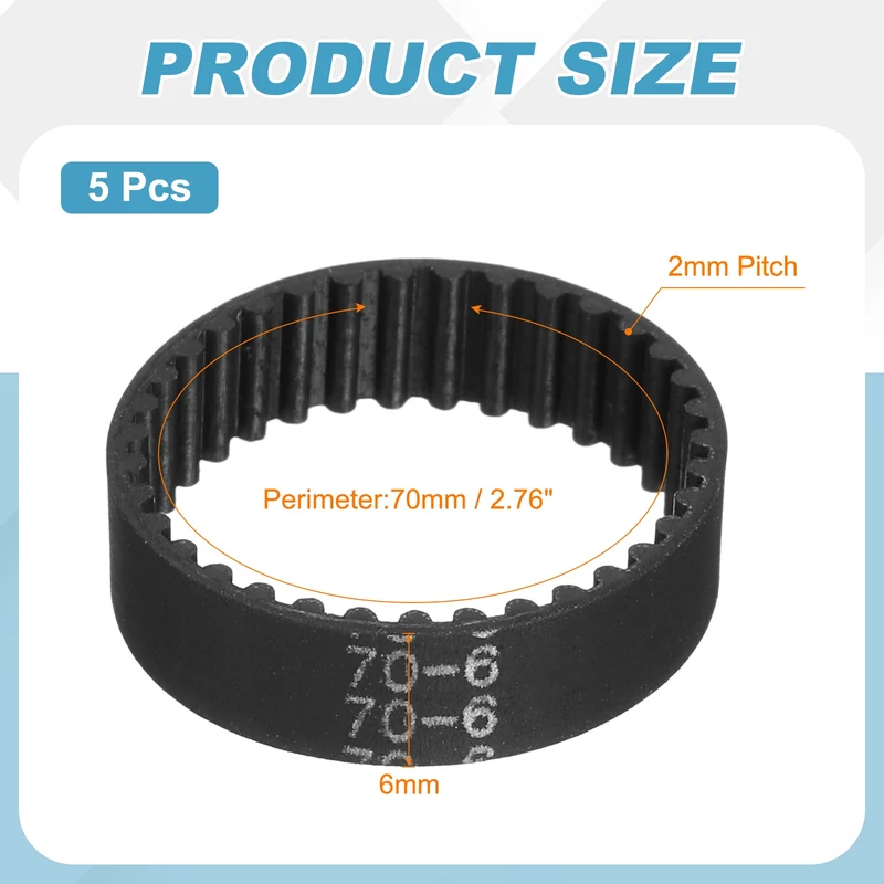 70mm GT-2 Timing Belt, 5pcs 6mm Width 2mm Pitch 3D Printing Closed Loop, Black