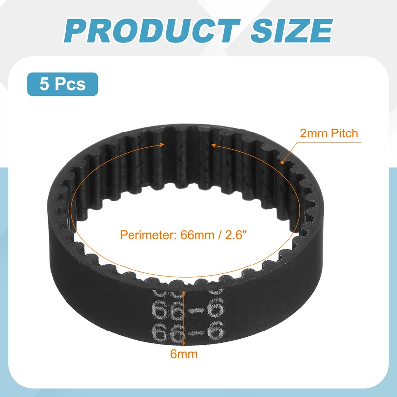 66mm GT-2 Timing Belt, 5pcs 6mm Width 2mm Pitch 3D Printing Closed Loop, Black