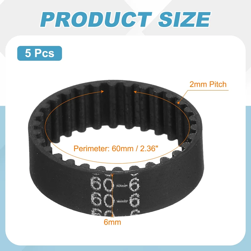 60mm GT-2 Timing Belt, 5pcs 6mm Width 2mm Pitch 3D Printing Closed Loop, Black