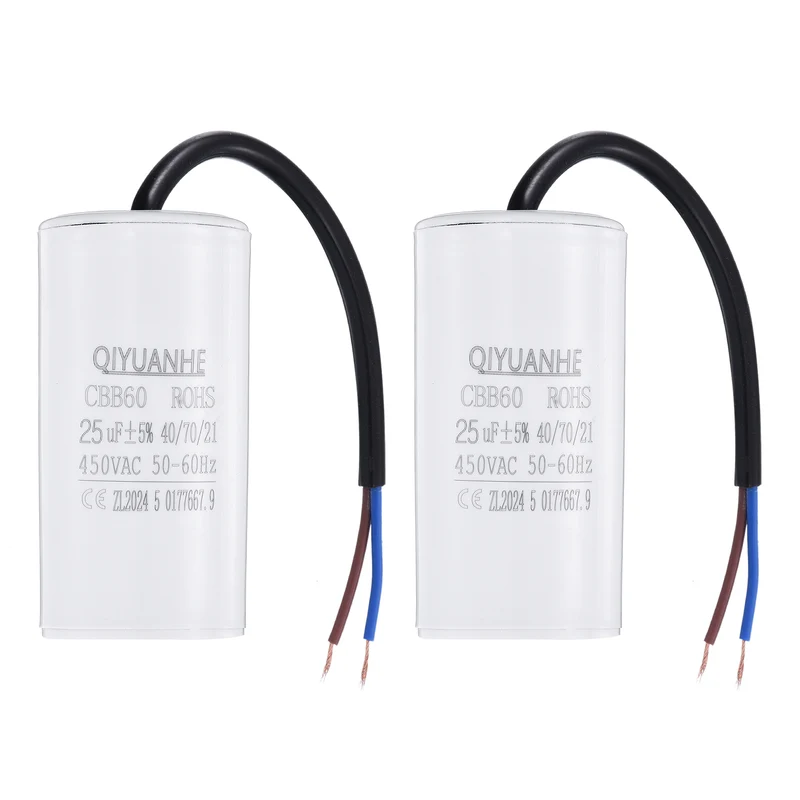 2Pcs CBB60 25uf Running Capacitor 450VAC 50/60Hz 75x37mm