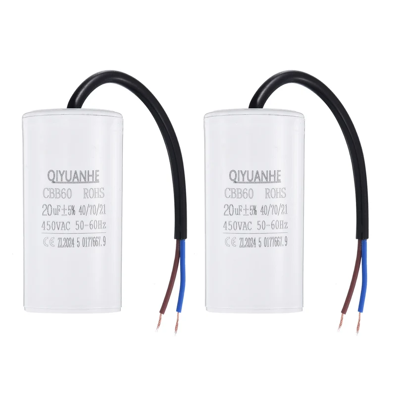 2Pcs CBB60 20uf Running Capacitor 450VAC 50/60Hz 75x37mm