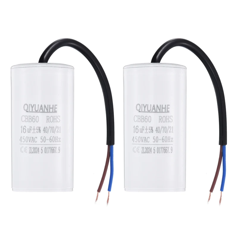 2Pcs CBB60 16uf Running Capacitor 450VAC 50/60Hz 75x37mm