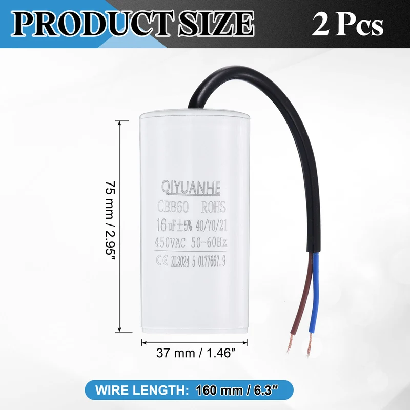 2Pcs CBB60 16uf Running Capacitor 450VAC 50/60Hz 75x37mm