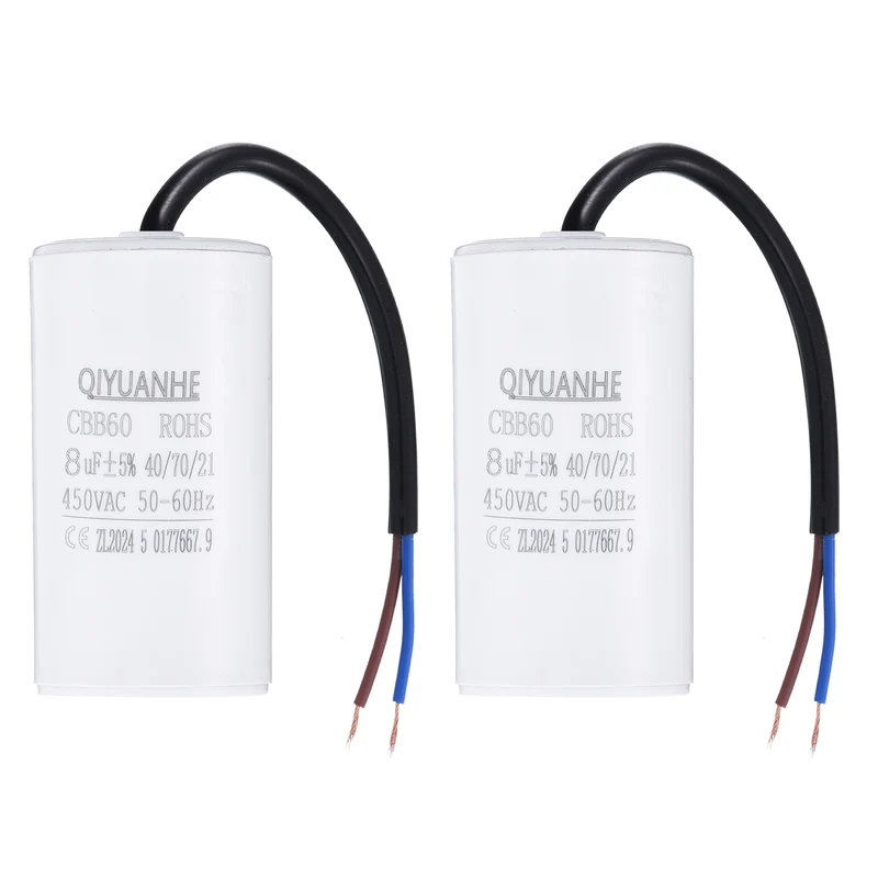 2Pcs CBB60 8uf Running Capacitor 450VAC 50/60Hz 66x35mm