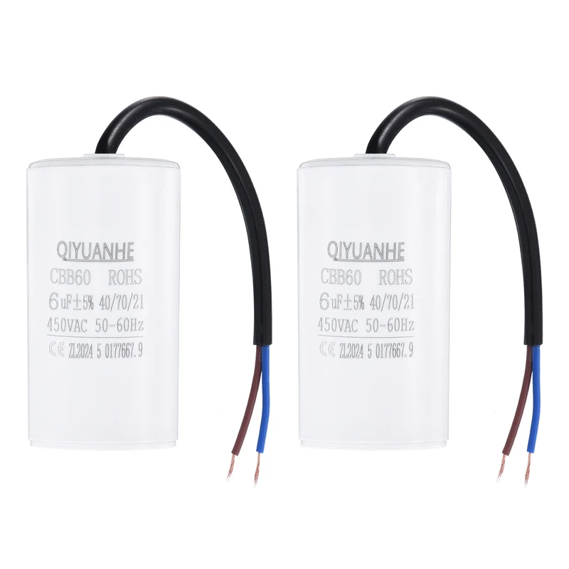 2Pcs CBB60 6uf Running Capacitor 450VAC 50/60Hz 66x35mm
