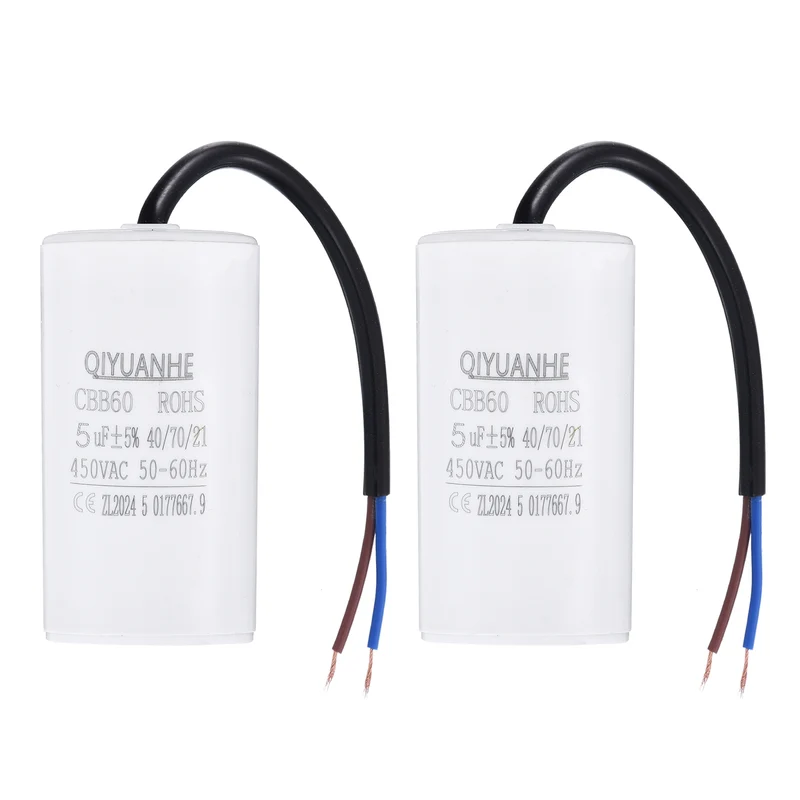 2Pcs CBB60 5uf Running Capacitor 450VAC 50/60Hz 66x35mm