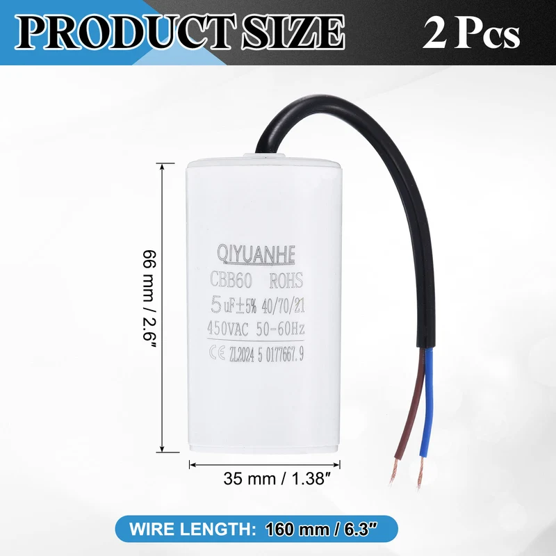 2Pcs CBB60 5uf Running Capacitor 450VAC 50/60Hz 66x35mm