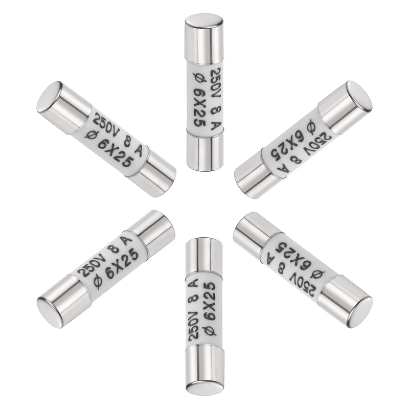 6 Pcs Ceramic Cartridge Fuse 8A 250V 0.24"x0.98" Silver White, for Appliance