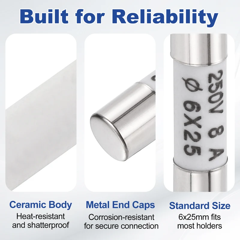 6 Pcs Ceramic Cartridge Fuse 8A 250V 0.24"x0.98" Silver White, for Appliance