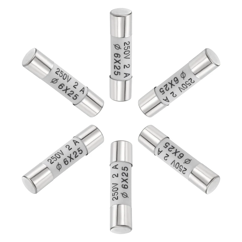 6 Pcs Ceramic Cartridge Fuse 2A 250V 0.24"x0.98" Silver White, for Appliance