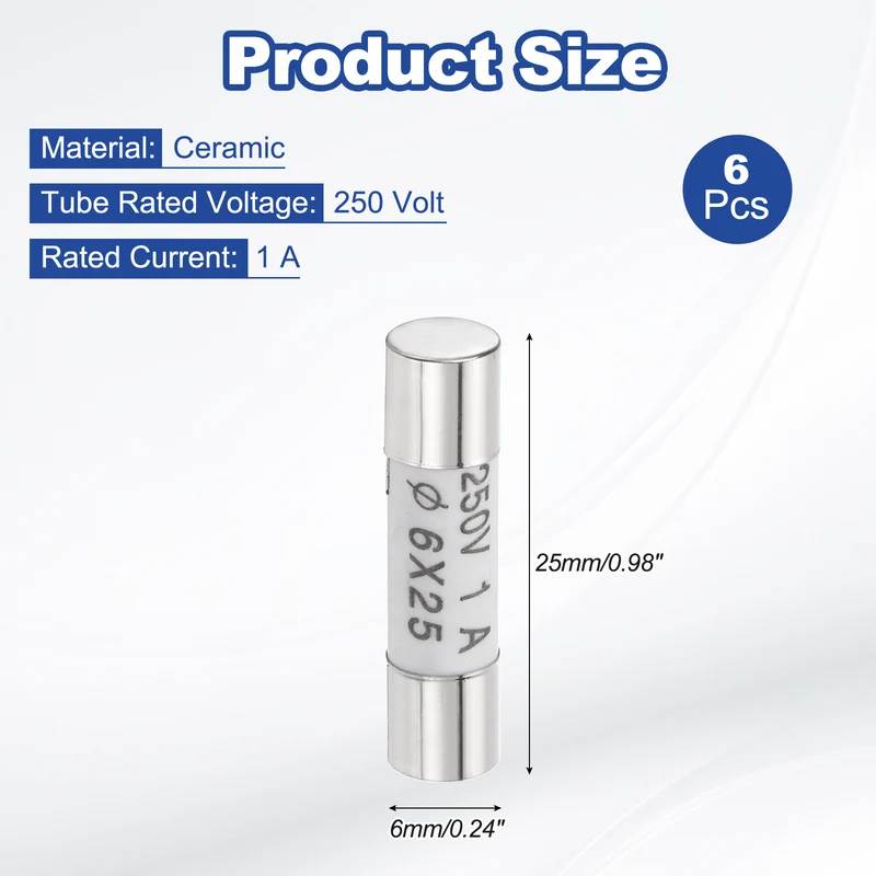 6 Pcs Ceramic Cartridge Fuse 1A 250V 0.24"x0.98" Silver White, for Appliance