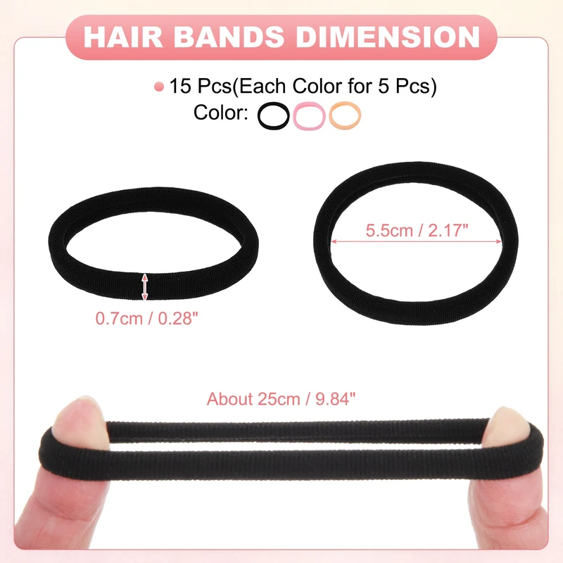 15Pcs Fabric Hair Ties, 2″ ID Nylon Seamless Soft Holders, Apricot/Pink/Black
