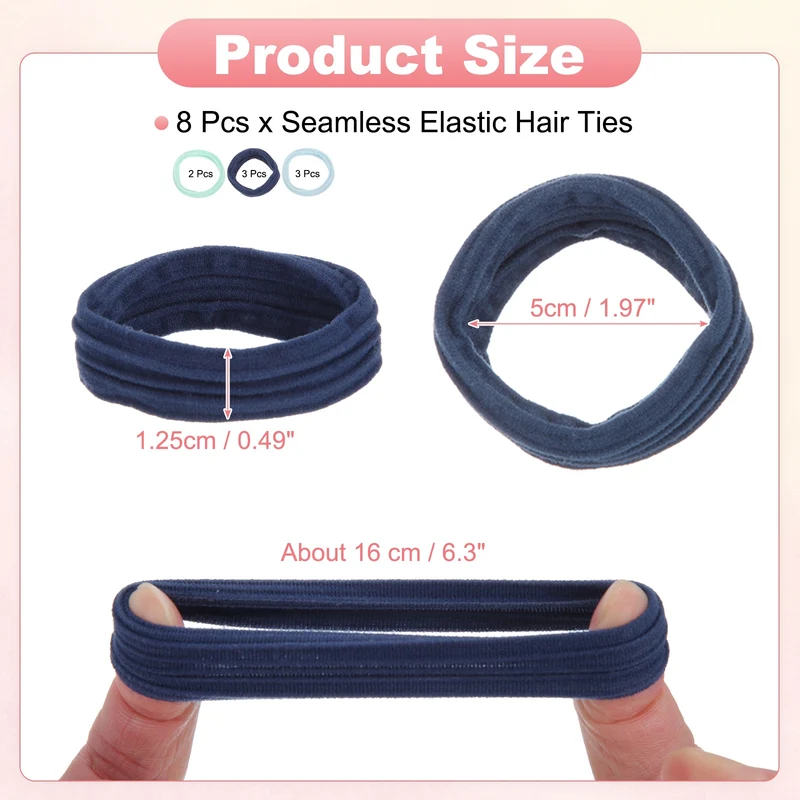 8Pcs Seamless Elastic Hair Ties, 2" ID Ponytail Holders Hair, 3 Colors