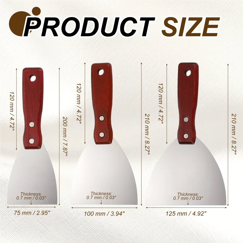 3Pcs 3"/4"/5" Putty Knife with Red Wooden Handle Stainless Steel Taping Knife