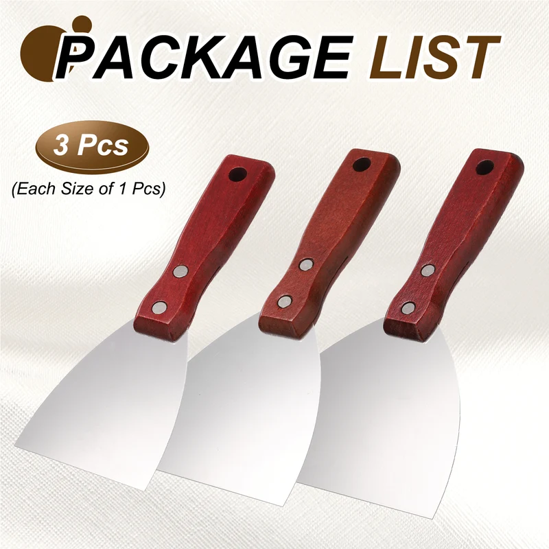 3Pcs 3"/4"/5" Putty Knife with Red Wooden Handle Stainless Steel Taping Knife
