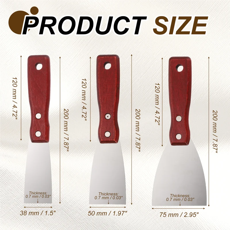 3Pcs 1.5"/2"/3" Putty Knife with Red Wooden Handle Stainless Steel Taping Knife