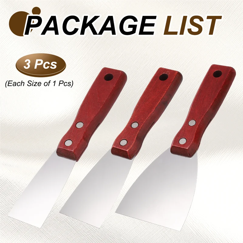 3Pcs 1.5"/2"/3" Putty Knife with Red Wooden Handle Stainless Steel Taping Knife