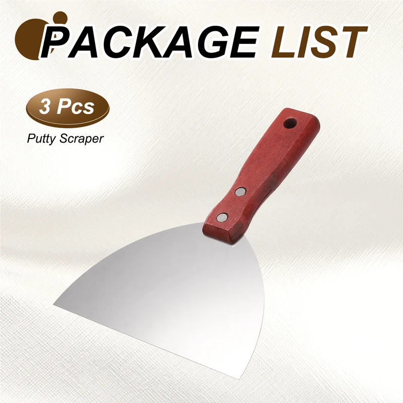 3Pcs 6" Putty Knife Wooden Handle Stainless Steel Taping Knife, Red Wood(150mm)