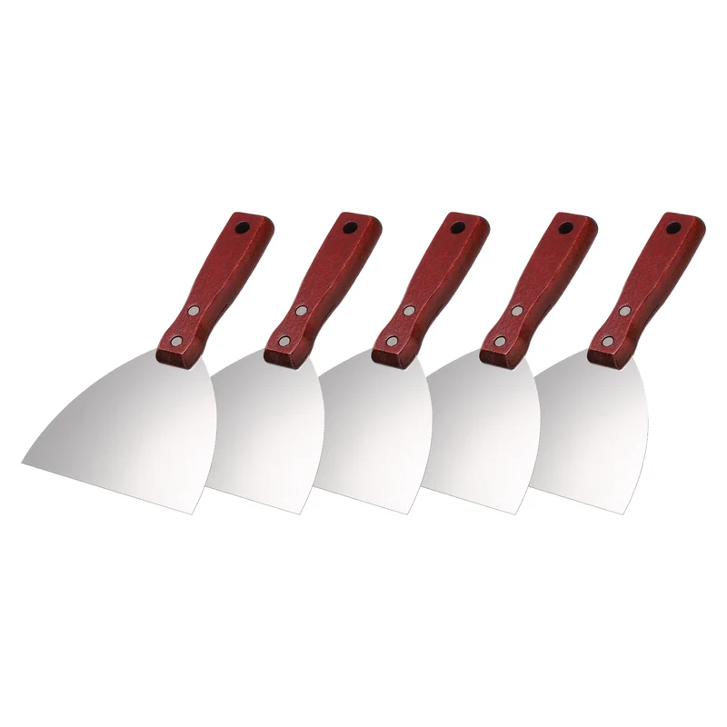 5Pcs 5" Putty Knife Wooden Handle Stainless Steel Taping Knife, Red Wood(125mm)