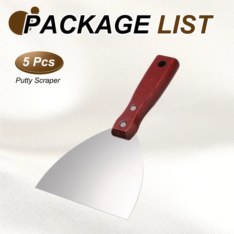 5Pcs 5" Putty Knife Wooden Handle Stainless Steel Taping Knife, Red Wood(125mm)