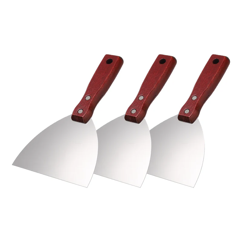 3Pcs 5" Putty Knife Wooden Handle Stainless Steel Taping Knife, Red Wood(125mm)
