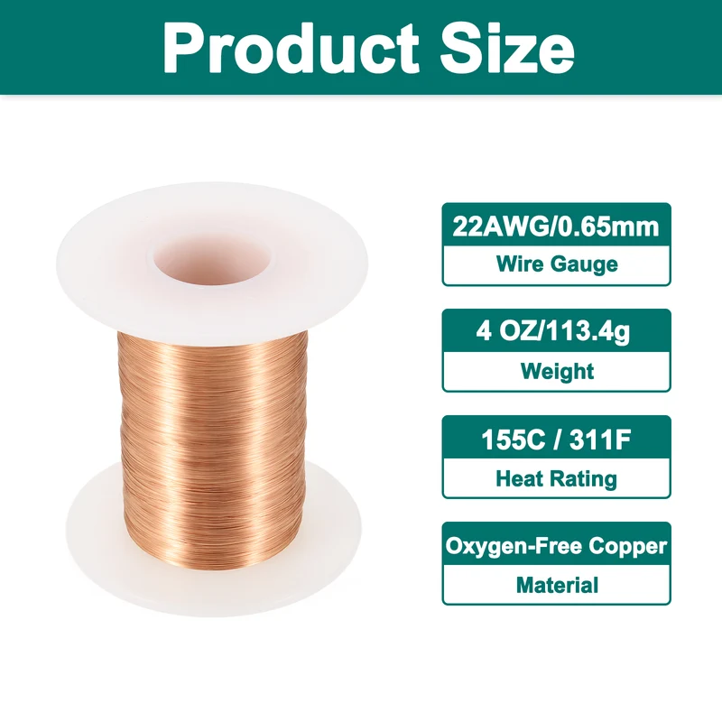 22 AWG Magnet Wire, 22 Gauge 4 oz Enameled Copper Wire, 155C(311F), Copper Color