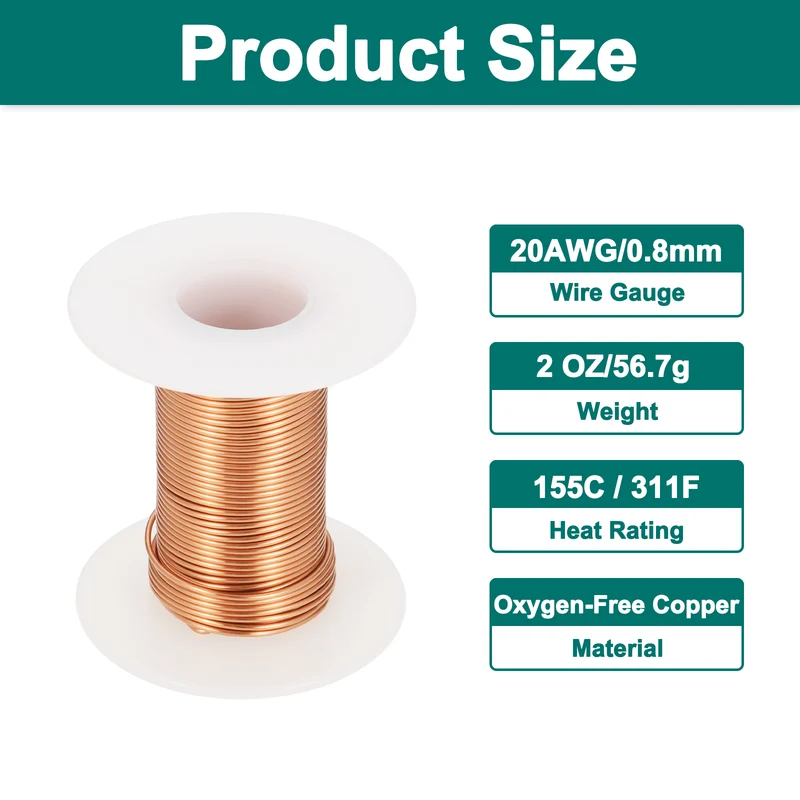 20 AWG Magnet Wire, 20 Gauge 2 oz Enameled Copper Wire, 155C(311F), Copper Color