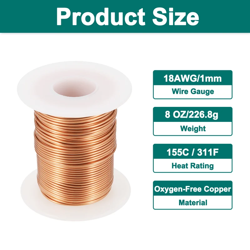 18 AWG Magnet Wire, 18 Gauge 8 oz Enameled Copper Wire, 155C(311F), Copper Color