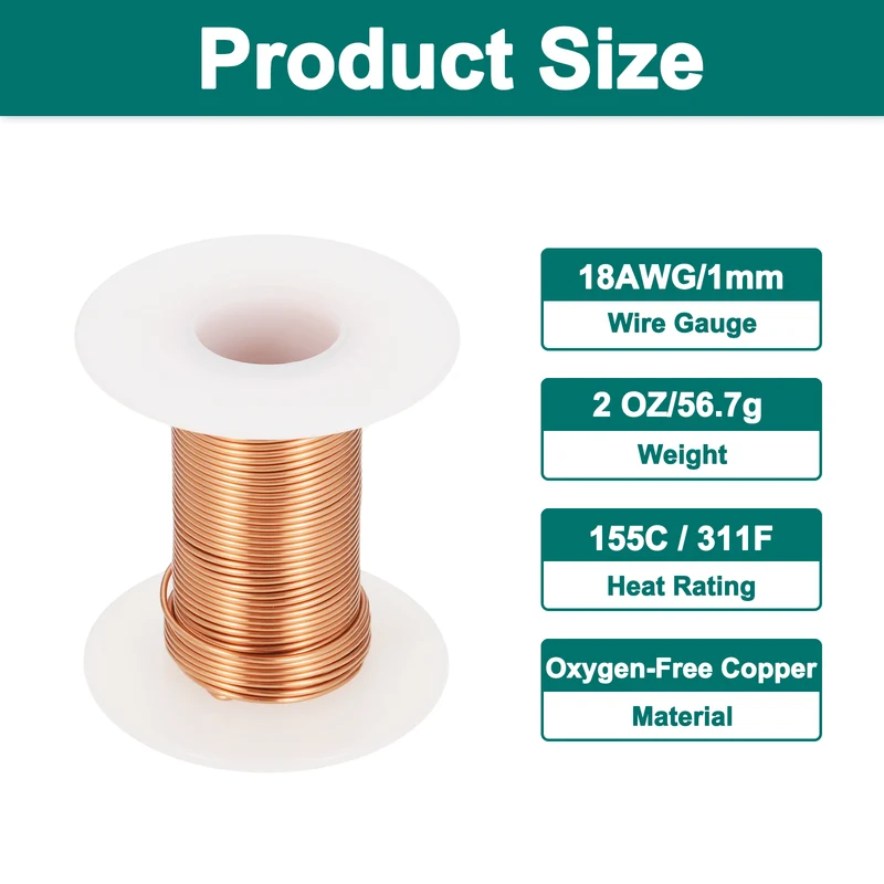 18 AWG Magnet Wire, 18 Gauge 2 oz Enameled Copper Wire, 155C(311F), Copper Color