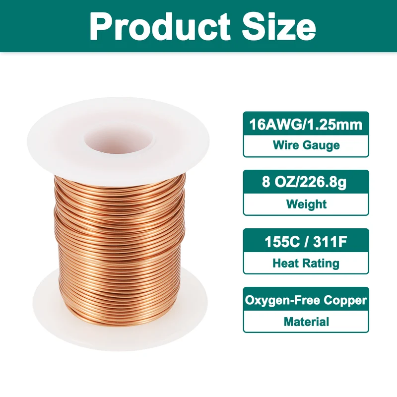 16 AWG Magnet Wire, 16 Gauge 8 oz Enameled Copper Wire, 155C(311F), Copper Color