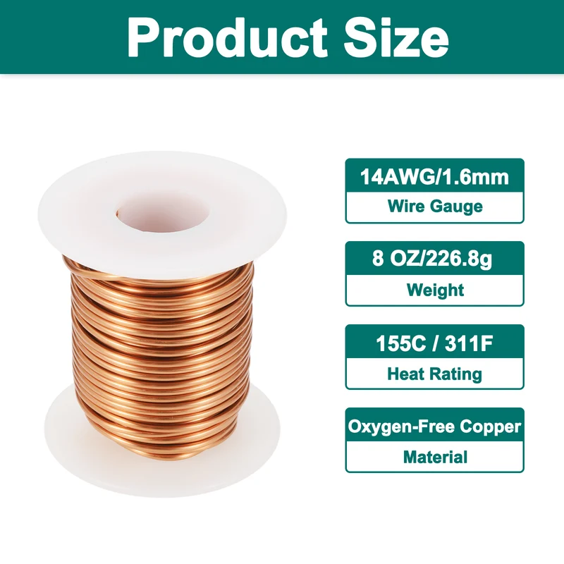 14 AWG Magnet Wire, 14 Gauge 8 oz Enameled Copper Wire, 155C(311F), Copper Color