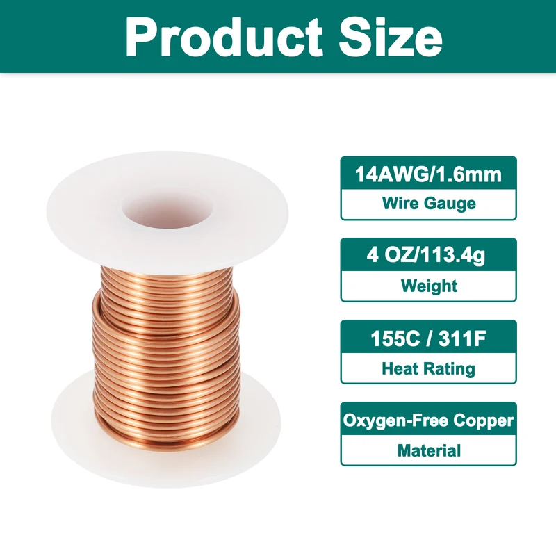 14 AWG Magnet Wire, 14 Gauge 4 oz Enameled Copper Wire, 155C(311F), Copper Color