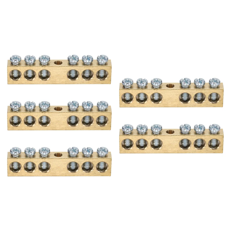 5 Pcs Terminal Ground Bar, 6 Positions M5 59x8x12mm Screw Block Barrier Brass