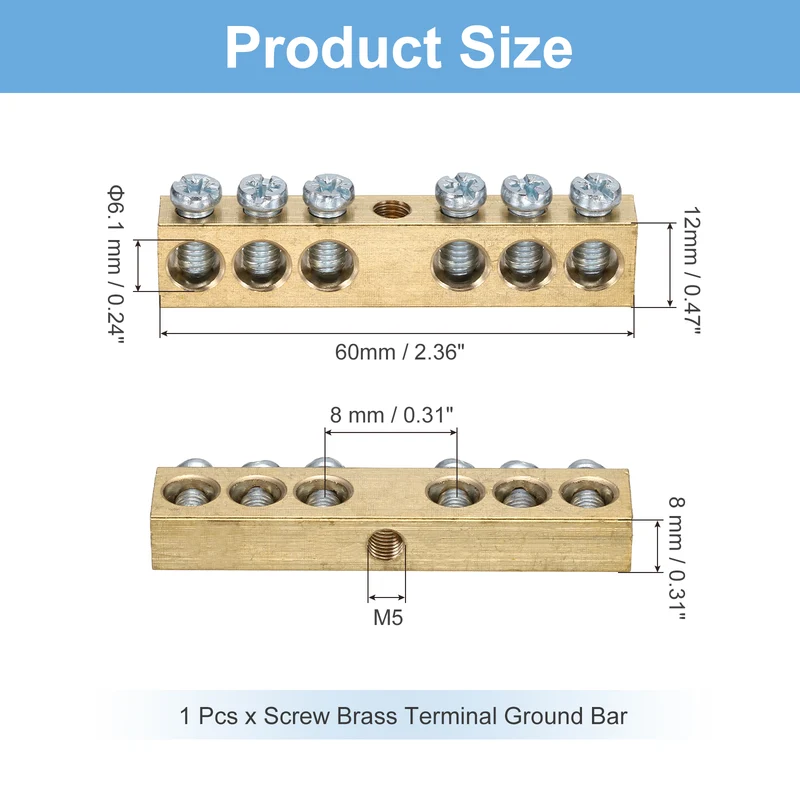 1 Pcs Terminal Ground Bar, 6 Positions M5 60x8x12mm Screw Block Barrier Brass