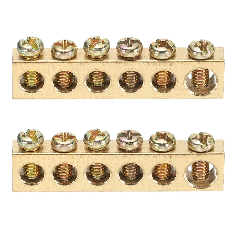 2 Pcs Terminal Ground Bar 6 Positions M4 45.7x6x10mm Screw Block Barrier Brass