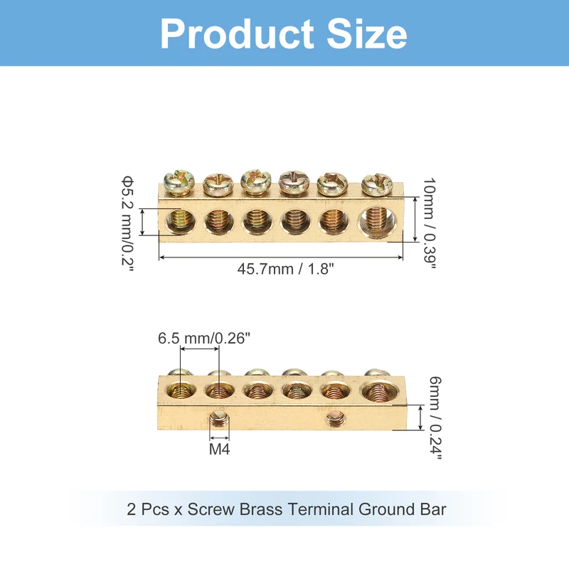 2 Pcs Terminal Ground Bar 6 Positions M4 45.7x6x10mm Screw Block Barrier Brass