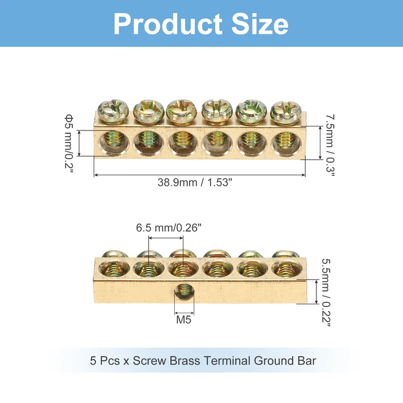 5 Pcs Terminal Ground Bar 6 Positions M4 38.9x5.5x7.5mm Screw Block Barrier