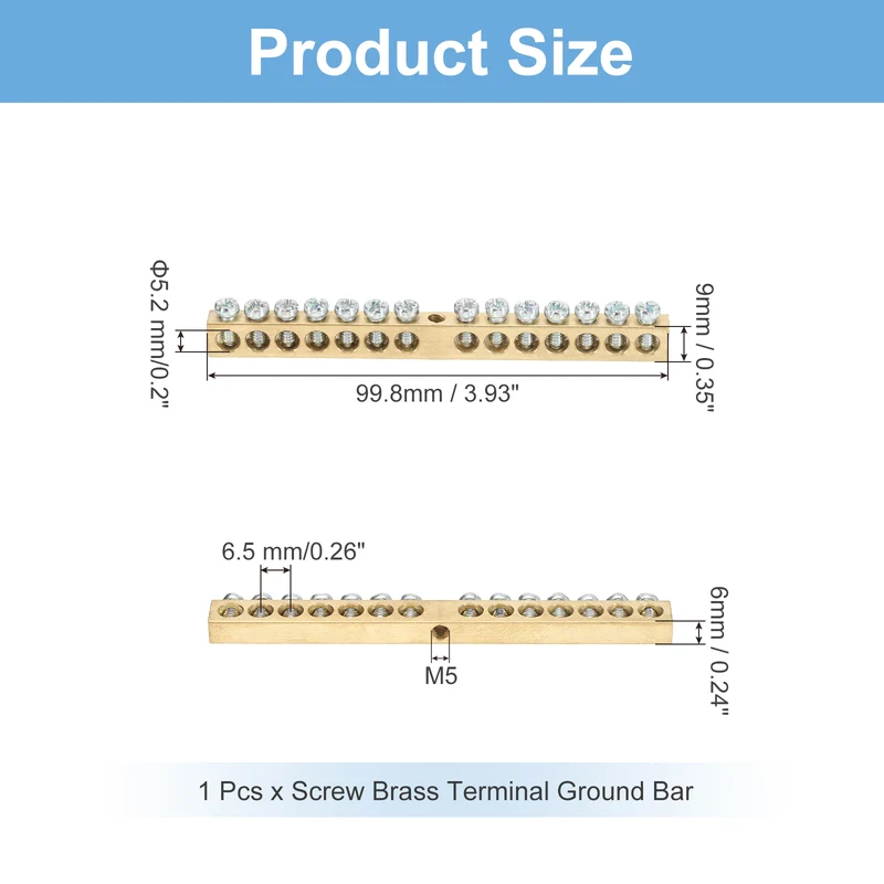 1 Pcs Terminal Ground Bar 14 Positions M4 99.8x6x9mm Screw Block Barrier Brass