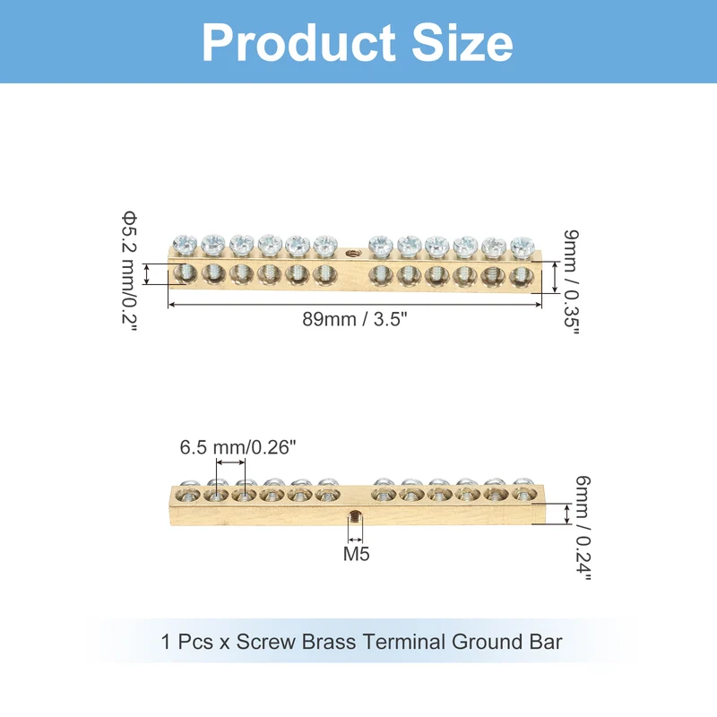 1 Pcs Terminal Ground Bar 12 Positions M4 89x6x9mm Screw Block Barrier Brass