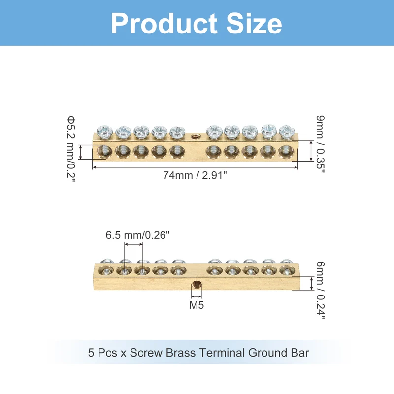 5 Pcs Terminal Ground Bar 10 Positions M4 74x6x9mm Screw Block Barrier Brass