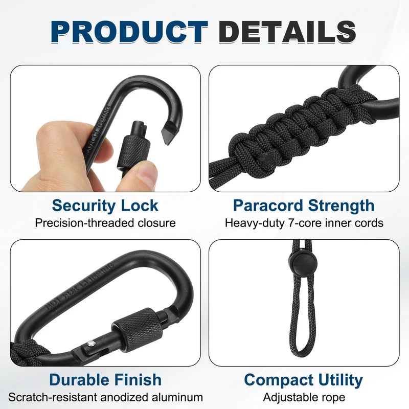 2 Pcs Paracord Keychain Carabiner Clip D Ring Hook, Black