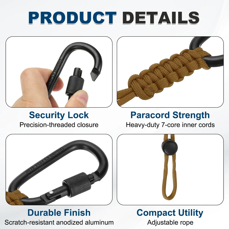 2 Pcs Paracord Keychain Carabiner Clip D Ring Hook, Khaki