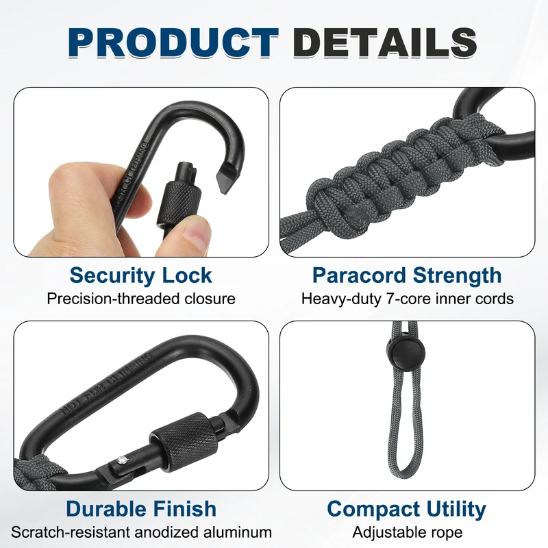 2 Pcs Paracord Keychain Carabiner Clip D Ring Hook, Dark Gray