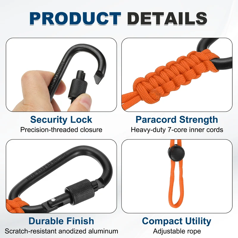 2 Pcs Paracord Keychain Carabiner Clip D Ring Hook, Orange