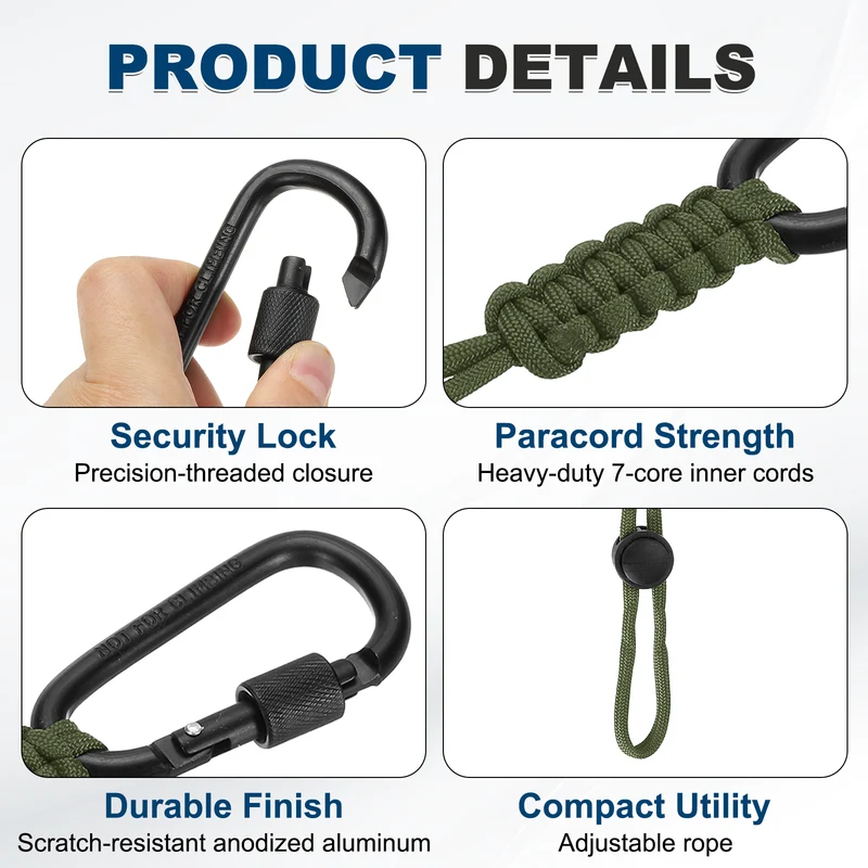 2 Pcs Paracord Keychain Carabiner Clip D Ring Hook, Army Green