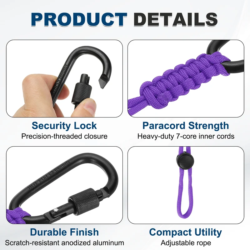 2 Pcs Paracord Keychain Carabiner Clip D Ring Hook, Dark Purple