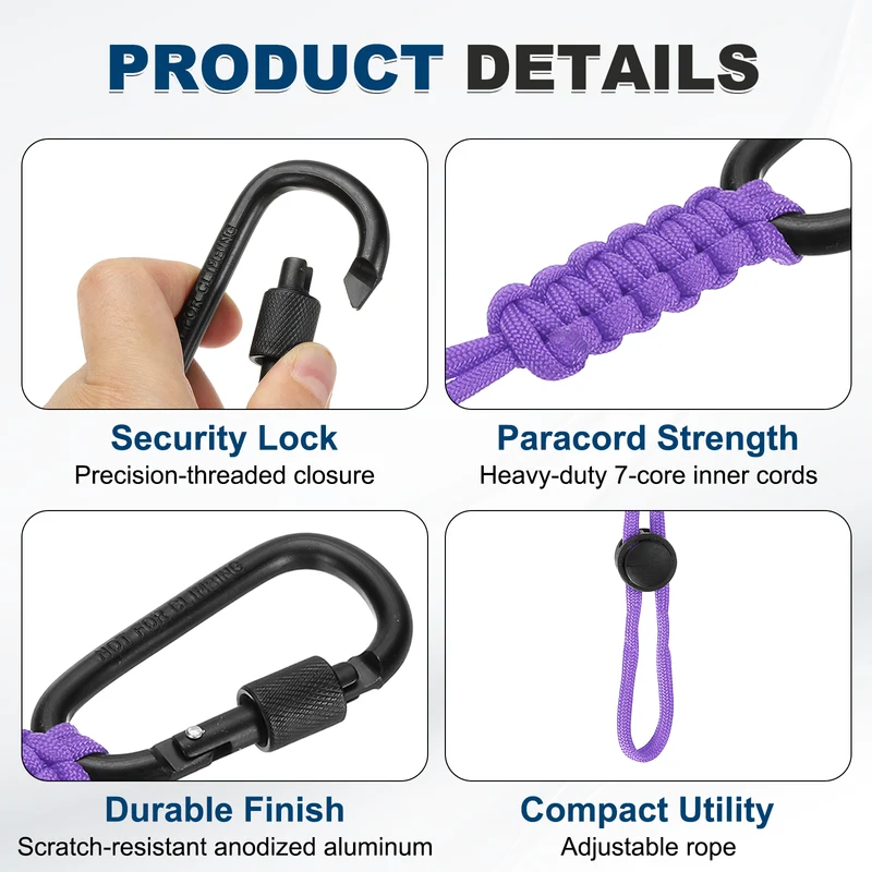 2 Pcs Paracord Keychain Carabiner Clip D Ring Hook, Light Purple