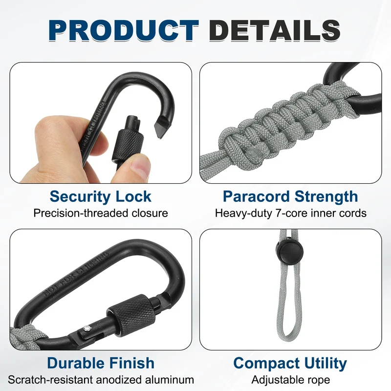 2 Pcs Paracord Keychain Carabiner Clip D Ring Hook, Light Gray